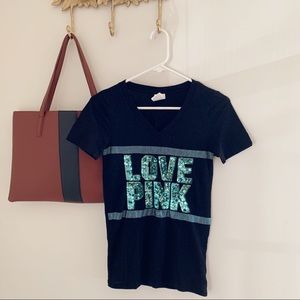 Victoria’s Secret Pink Sequin Teal Logo Vneck Tee